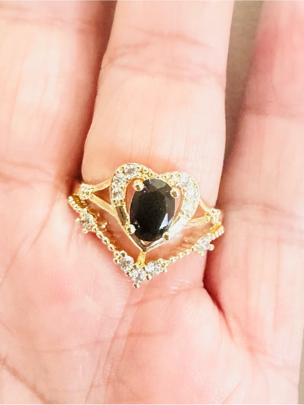 14K Gold Plated Heart Ring with Black Center Stone. Adjustable size 7.5 to 10